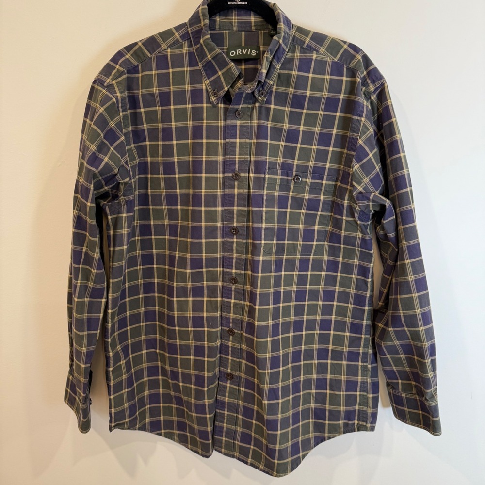 ORVIS Mens Plaid Button Down Shirt Size L Green Blue Tan Casual Outdoor